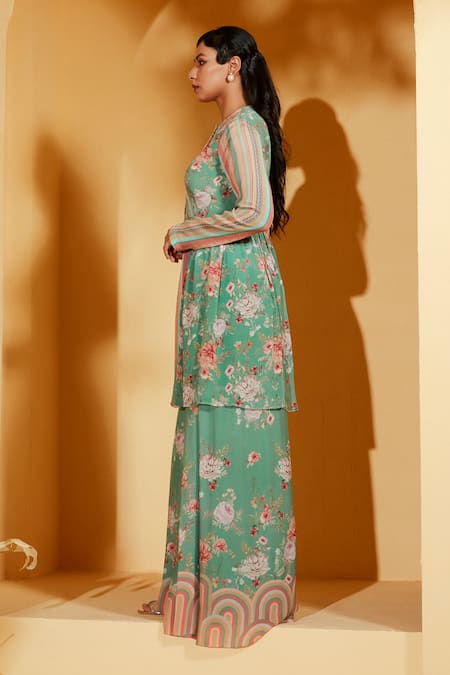 Suruchi Parakh Green Crepe, Georgette Embroidery Round Neck Floral Print Tunic With Pant Online at Aza Fashions Suruchi Parakh_Green Crepe, Georgette Embroidery Round Neck Floral Print Tunic With Pant _Online_at_Aza_Fashions