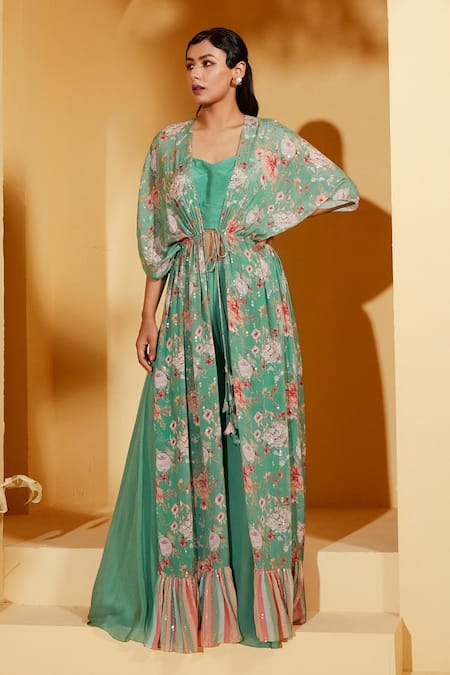 Suruchi Parakh Flower Print Kaftan Jacket Flared Pant Set 