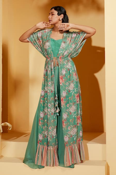 Suruchi Parakh_Green Crepe, Georgette Embroidery Flower Print Kaftan Jacket Flared Pant Set _Online_at_Aza_Fashions