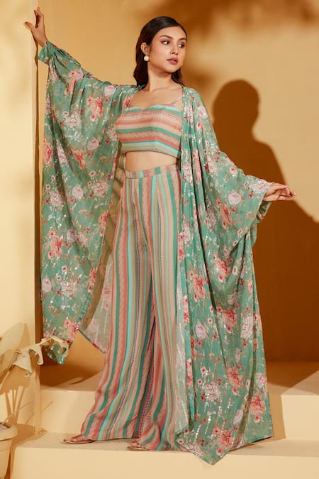 Buy_Suruchi Parakh_Green Crepe, Georgette Embroidery Sweetheart Floral Bloom Print Jacket Pant Set _Online_at_Aza_Fashions