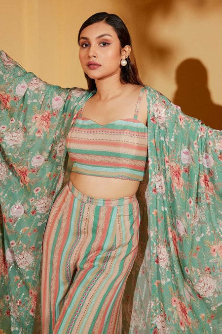 Suruchi Parakh_Green Crepe, Georgette Embroidery Sweetheart Floral Bloom Print Jacket Pant Set _at_Aza_Fashions