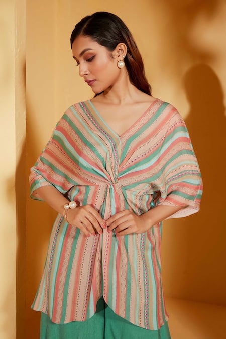 Buy Suruchi Parakh Green Crepe, Georgette V-neck Abstract Stripe Tunic And Flared Pant Set Online at Aza Fashions Buy_Suruchi Parakh_Green Crepe, Georgette V-neck Abstract Stripe Tunic And Flared Pant Set _Online_at_Aza_Fashions