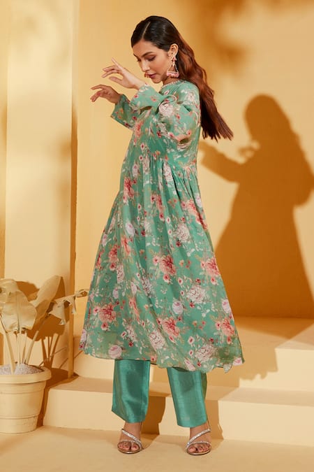 Suruchi Parakh_Green Georgette, Crepe Round Neck Floral Bloom Print Tunic With Pant _Online_at_Aza_Fashions