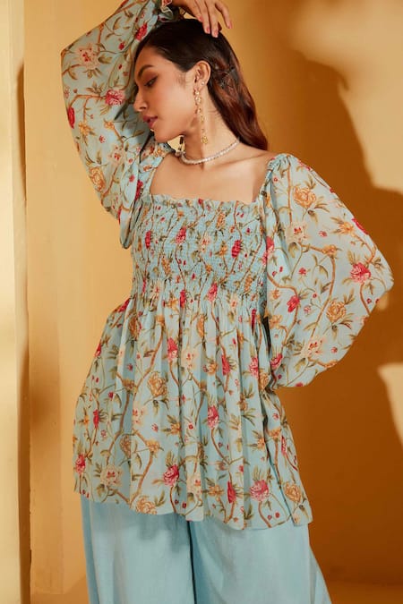Buy_Suruchi Parakh_Blue Crepe, Georgette Square Neck Floral Print Peplum Tunic With Pant _Online_at_Aza_Fashions