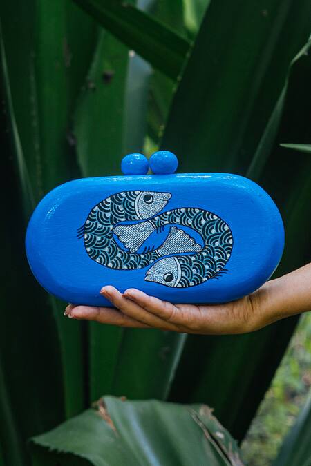 Shop_Riti_Blue Hand Painted Machlee Wood Clutch 