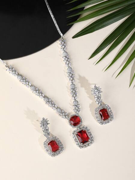 Auraa Trends_Red Zircon, American Diamond Pendant Necklace Set_Online_at_Aza_Fashions