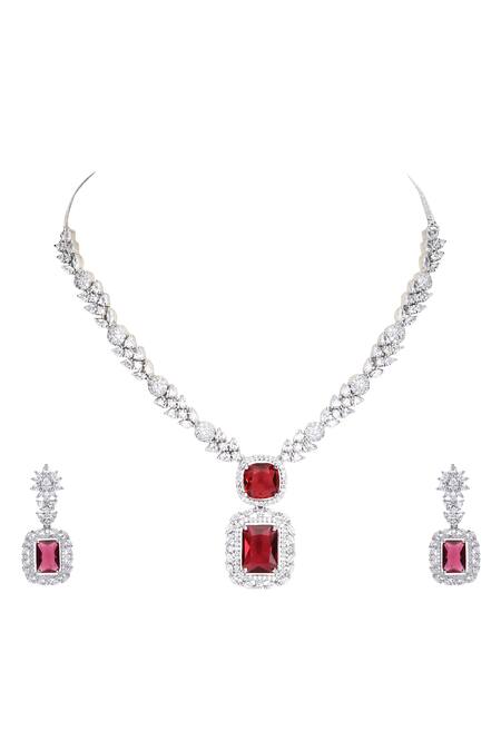 Buy_Auraa Trends_Red Zircon, American Diamond Pendant Necklace Set_Online_at_Aza_Fashions