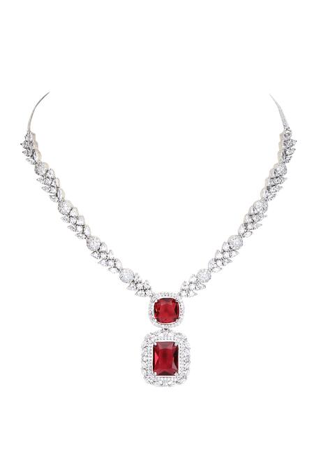 Shop_Auraa Trends_Red Zircon, American Diamond Pendant Necklace Set_Online_at_Aza_Fashions