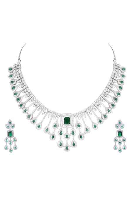Buy Auraa Trends Green Zari, Diamonds Zircon Embellished Drop Pattern Necklace Set Online at Aza Fashions Buy_Auraa Trends_Green Zari, Diamonds Zircon Embellished Drop Pattern Necklace Set _Online_at_Aza_Fashions