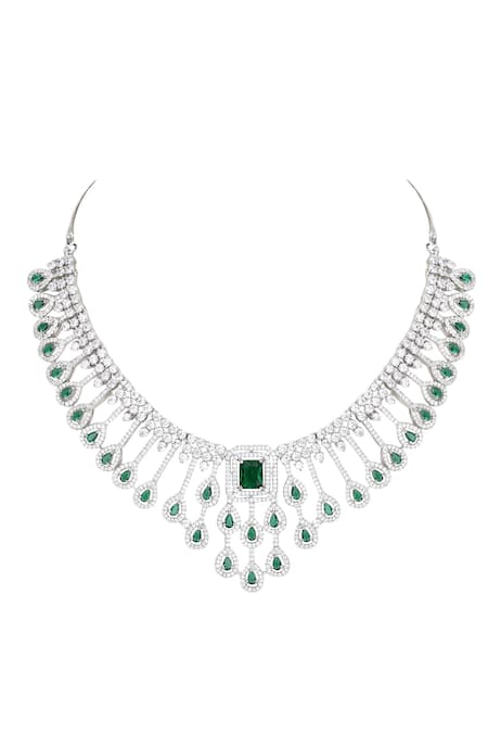 Shop_Auraa Trends_Green Zari, Diamonds Zircon Embellished Drop Pattern Necklace Set _Online_at_Aza_Fashions