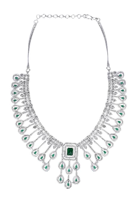 Auraa Trends_Green Zari, Diamonds Zircon Embellished Drop Pattern Necklace Set _at_Aza_Fashions