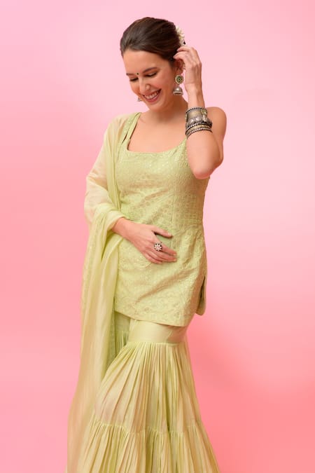 Punit Balana_Green Chanderi Silk, Organza Embroidery, Tassels Noor Resham Kurta Gharara Set _Online_at_Aza_Fashions