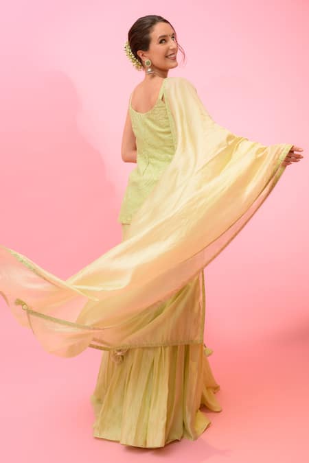 Buy_Punit Balana_Green Chanderi Silk, Organza Embroidery, Tassels Noor Resham Kurta Gharara Set _Online_at_Aza_Fashions