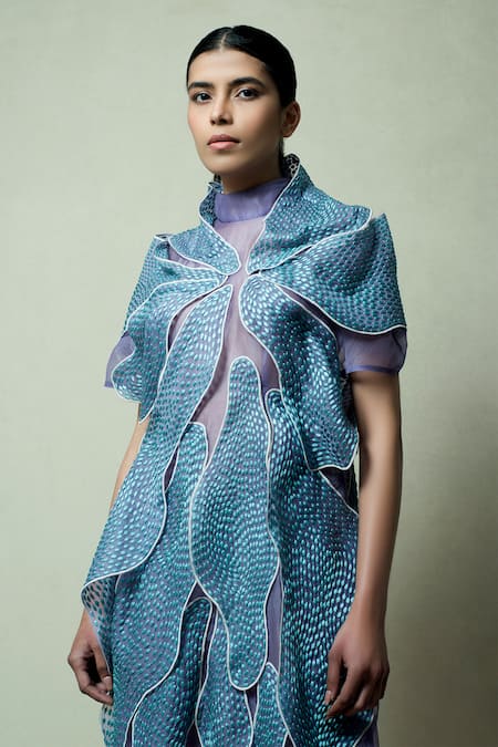 Vivek Patel_Purple Crepe, Silk Organza 3d Cosmic Flower Embellished Dress With Inner _Online_at_Aza_Fashions