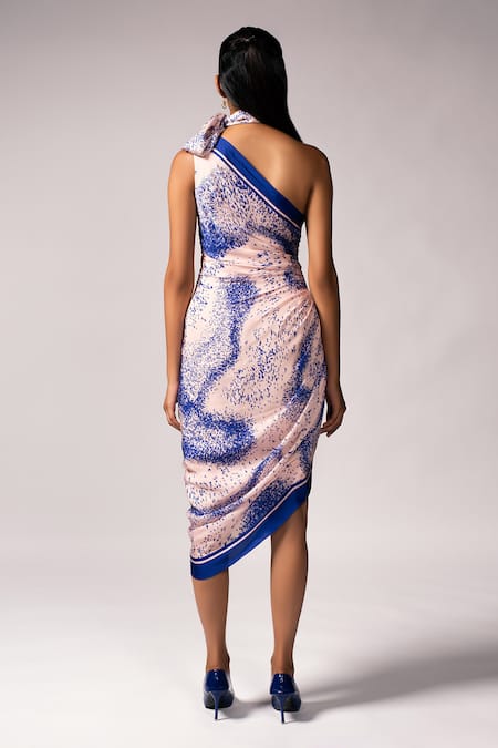 Vivek Patel Printed One-Shoulder Dress With Scarf 