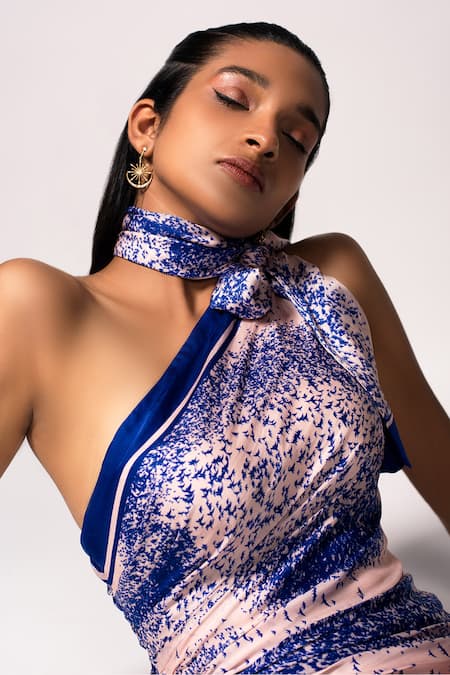 Shop_Vivek Patel_Pink One Shoulder Printed Dress With Scarf _Online_at_Aza_Fashions