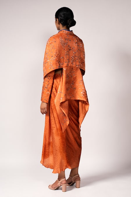 Shop_Vivek Patel_Orange Sequins, Embroidery Sweetheart Neck, Round Embellished Jacket Skirt Set _at_Aza_Fashions