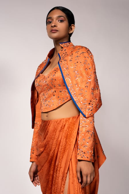 Vivek Patel_Orange Sequins, Embroidery Sweetheart Neck, Round Embellished Jacket Skirt Set _Online_at_Aza_Fashions