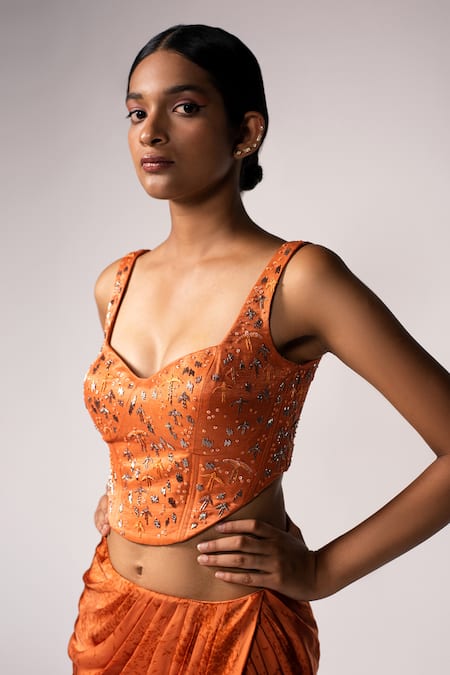 Buy_Vivek Patel_Orange Sequins, Embroidery Sweetheart Neck, Round Embellished Jacket Skirt Set _Online_at_Aza_Fashions