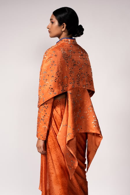 Shop_Vivek Patel_Orange Sequins, Embroidery Sweetheart Neck, Round Embellished Jacket Skirt Set _Online_at_Aza_Fashions
