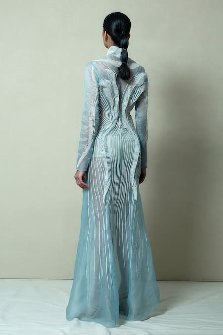 Shop_Vivek Patel_Blue Silk Organza, Crepe Embroidery High Neck Layered Structured Gown _at_Aza_Fashions