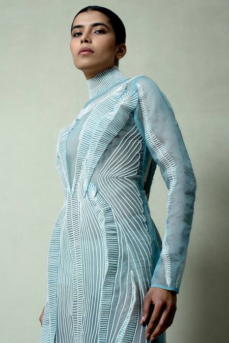 Vivek Patel_Blue Silk Organza, Crepe Embroidery High Neck Layered Structured Gown _Online_at_Aza_Fashions