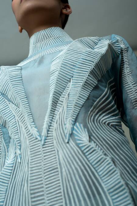 Buy_Vivek Patel_Blue Silk Organza, Crepe Embroidery High Neck Layered Structured Gown _Online_at_Aza_Fashions