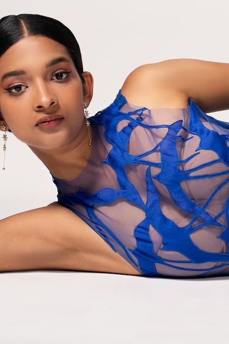 Vivek Patel_Blue Tulle, Lycra Embroidery High Neck Azure Resham Embellished Bodysuit _Online_at_Aza_Fashions