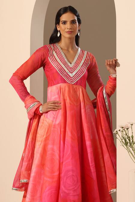 Buy_Pomcha Jaipur_Pink Muslin, Chiffon, Cotton Gota Patti V-neck Floral Lace Anarkali Pant Set _Online_at_Aza_Fashions