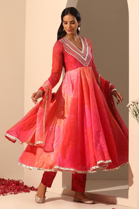 Shop_Pomcha Jaipur_Pink Muslin, Chiffon, Cotton Gota Patti V-neck Floral Lace Anarkali Pant Set _Online_at_Aza_Fashions