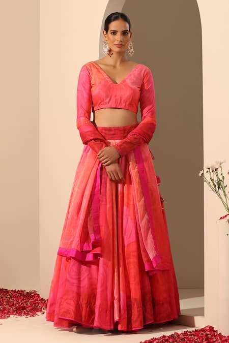 POMCHA JAIPUR Pink Lehenga Muslin Silk Floral V Neck Gul Bahaar Set 