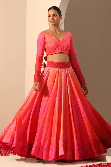 Pomcha Jaipur_Pink Muslin, Chiffon, Silk Embroidery V-neck Gul Bahaar Lehenga Set _Online_at_Aza_Fashions