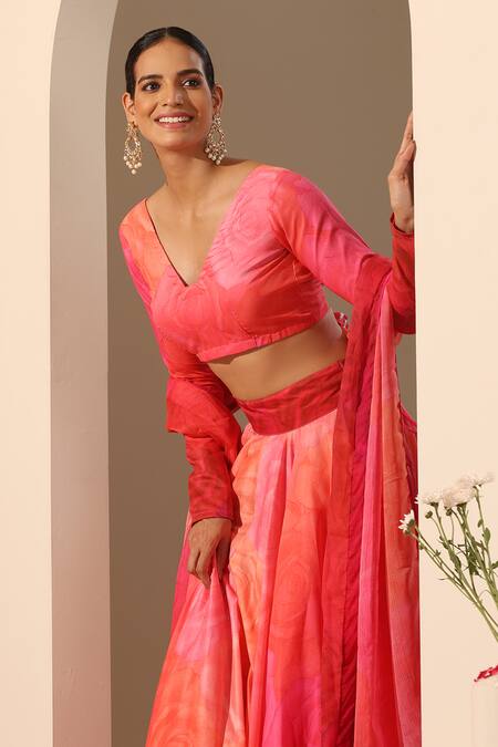 Buy_Pomcha Jaipur_Pink Muslin, Chiffon, Silk Embroidery V-neck Gul Bahaar Lehenga Set _Online_at_Aza_Fashions