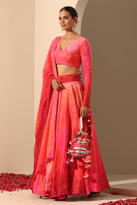 Shop_Pomcha Jaipur_Pink Muslin, Chiffon, Silk Embroidery V-neck Gul Bahaar Lehenga Set _Online_at_Aza_Fashions