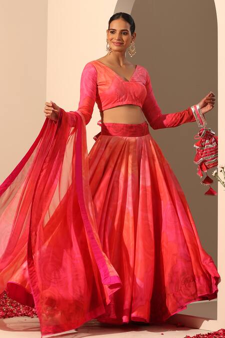 Pomcha Jaipur_Pink Muslin, Chiffon, Silk Embroidery V-neck Gul Bahaar Lehenga Set _at_Aza_Fashions