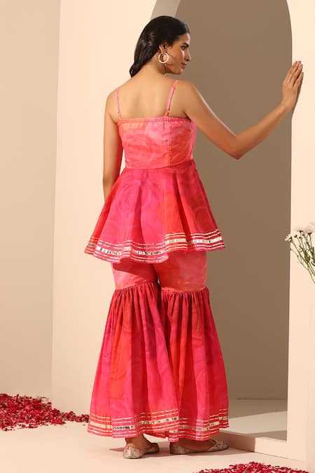 Pomcha Jaipur_Pink Muslin, Chiffon Gota Patti V-neck Gul Bahaar Peplum Tunic And Sharara Set _Online_at_Aza_Fashions