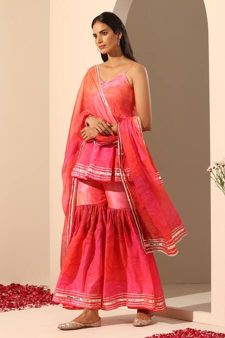 Buy_Pomcha Jaipur_Pink Muslin, Chiffon Gota Patti V-neck Gul Bahaar Peplum Tunic And Sharara Set _Online_at_Aza_Fashions