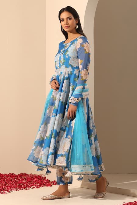 Buy_Pomcha Jaipur_Blue Organza, Cotton, Net Embroidery, Gul Fiza Floral Pattern Anarkali Pant Set _Online_at_Aza_Fashions