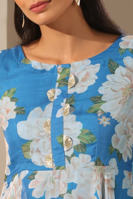 Shop_Pomcha Jaipur_Blue Organza, Cotton, Net Embroidery, Gul Fiza Floral Pattern Anarkali Pant Set _Online_at_Aza_Fashions