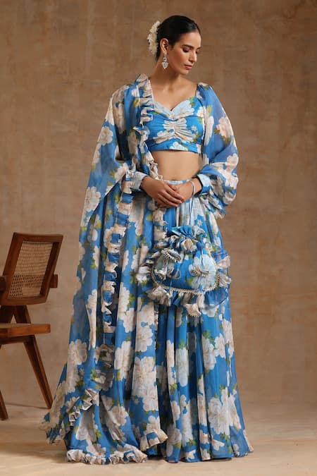 POMCHA JAIPUR Blue Organza Sweetheart Gul Fiza Floral Pattern Lehenga Set 