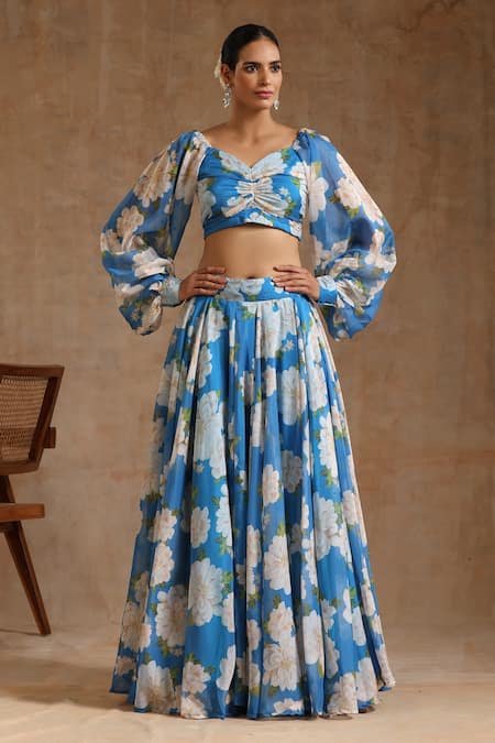 Pomcha Jaipur_Blue Organza Embroidery Sweetheart Neck Gul Fiza Floral Pattern Lehenga Set _Online_at_Aza_Fashions