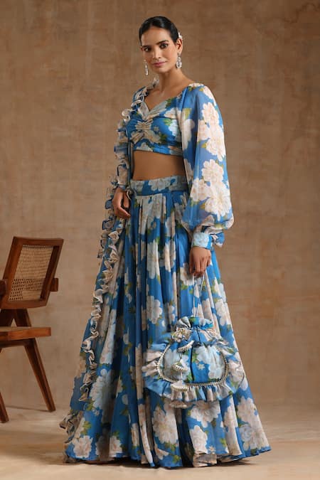 Buy_Pomcha Jaipur_Blue Organza Embroidery Sweetheart Neck Gul Fiza Floral Pattern Lehenga Set _Online_at_Aza_Fashions