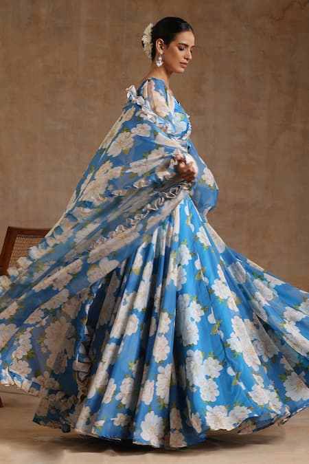 Shop_Pomcha Jaipur_Blue Organza Embroidery Sweetheart Neck Gul Fiza Floral Pattern Lehenga Set _Online_at_Aza_Fashions
