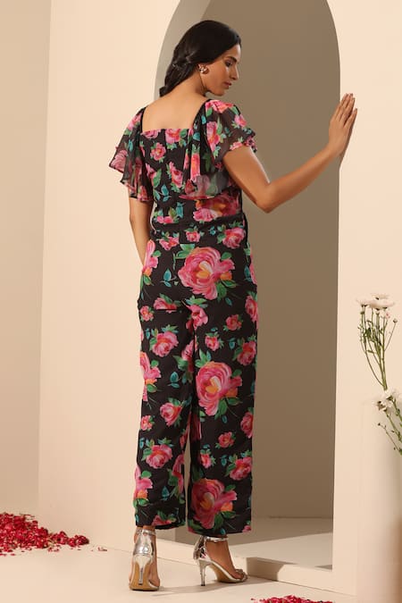 Pomcha Jaipur_Black Georgette, Cotton Square Neck Gul Gulaab Jumpsuit _Online_at_Aza_Fashions