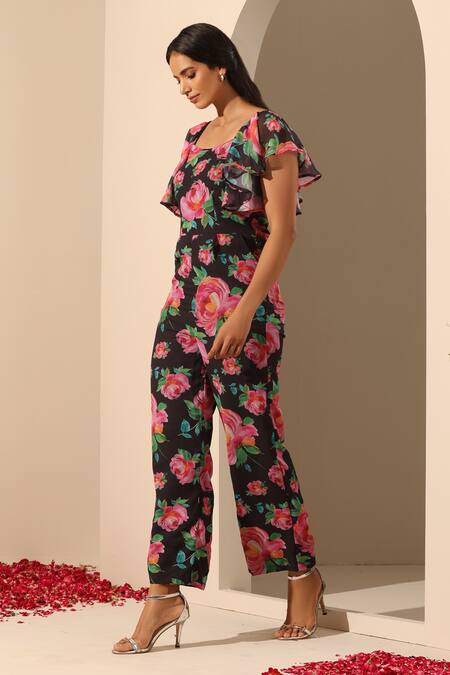 Buy_Pomcha Jaipur_Black Georgette, Cotton Square Neck Gul Gulaab Jumpsuit _Online_at_Aza_Fashions