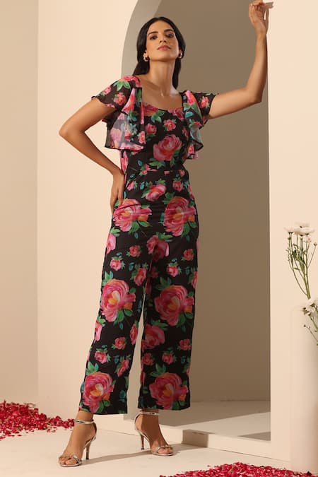 Shop_Pomcha Jaipur_Black Georgette, Cotton Square Neck Gul Gulaab Jumpsuit _Online_at_Aza_Fashions