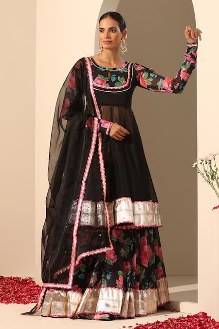 POMCHA JAIPUR Black Anarkali(solid) Organza Round Gul Gulaab Anarkali Lehenga Set 