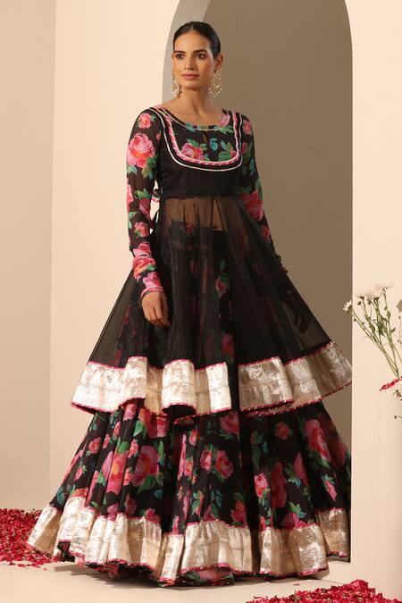 Pomcha Jaipur_Black Georgette, Organza Zari Round Neck Gul Gulaab Anarkali Lehenga Set _Online_at_Aza_Fashions