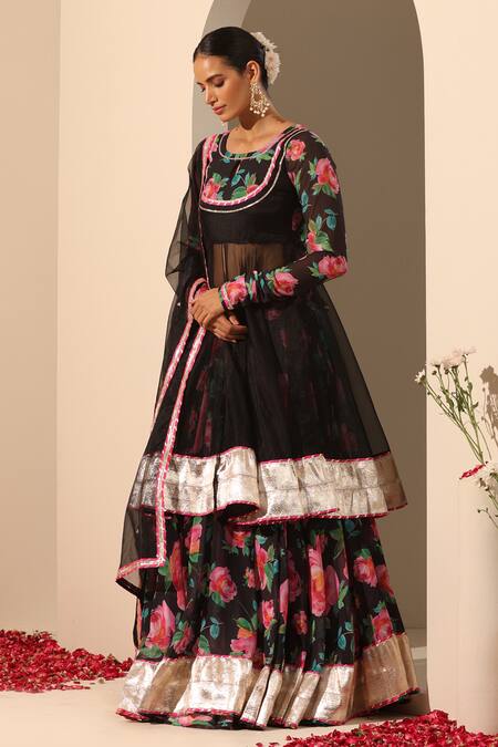 Buy_Pomcha Jaipur_Black Georgette, Organza Zari Round Neck Gul Gulaab Anarkali Lehenga Set _Online_at_Aza_Fashions