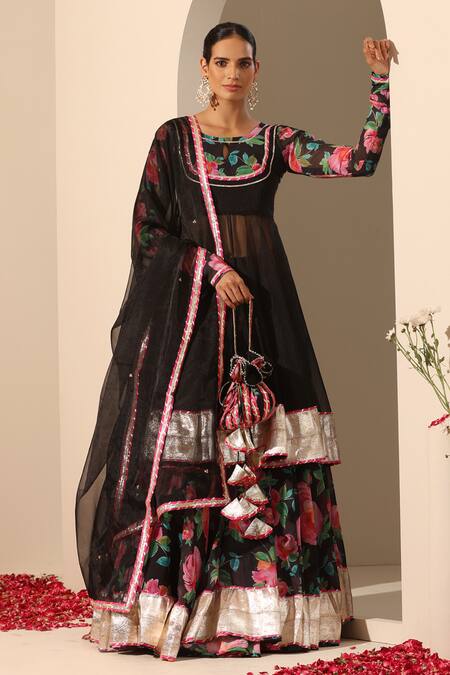 Shop_Pomcha Jaipur_Black Georgette, Organza Zari Round Neck Gul Gulaab Anarkali Lehenga Set _Online_at_Aza_Fashions
